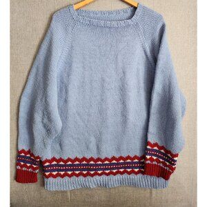Handmade Chunky Knit Light Blue & Red Fair Isle XXL Unisex